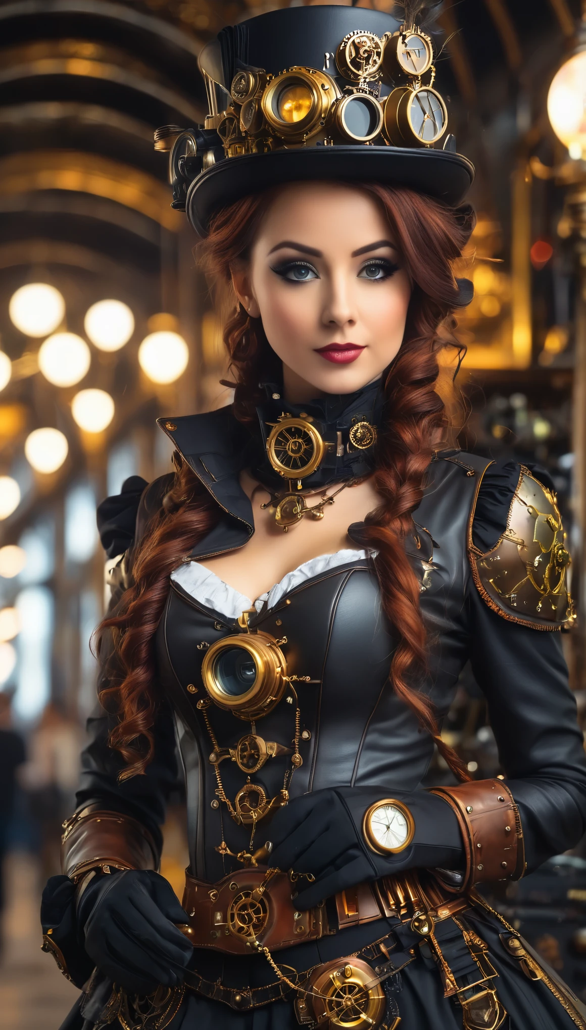 Woman in steampunk costume taking photo, wearing steampunk attire, small breast, see breast, full height, full body, steampunk fantasy style, (Steampunk), a steampunk beautiful goddess, steampunk beautiful woman, Steampunk Girl, Steampunk style, steampunk fantasy, Steampunk, steampunk inventor girl, golden steampunk, steampunc, steampunc, Set in a steampunk world, Vivid steampunk concept