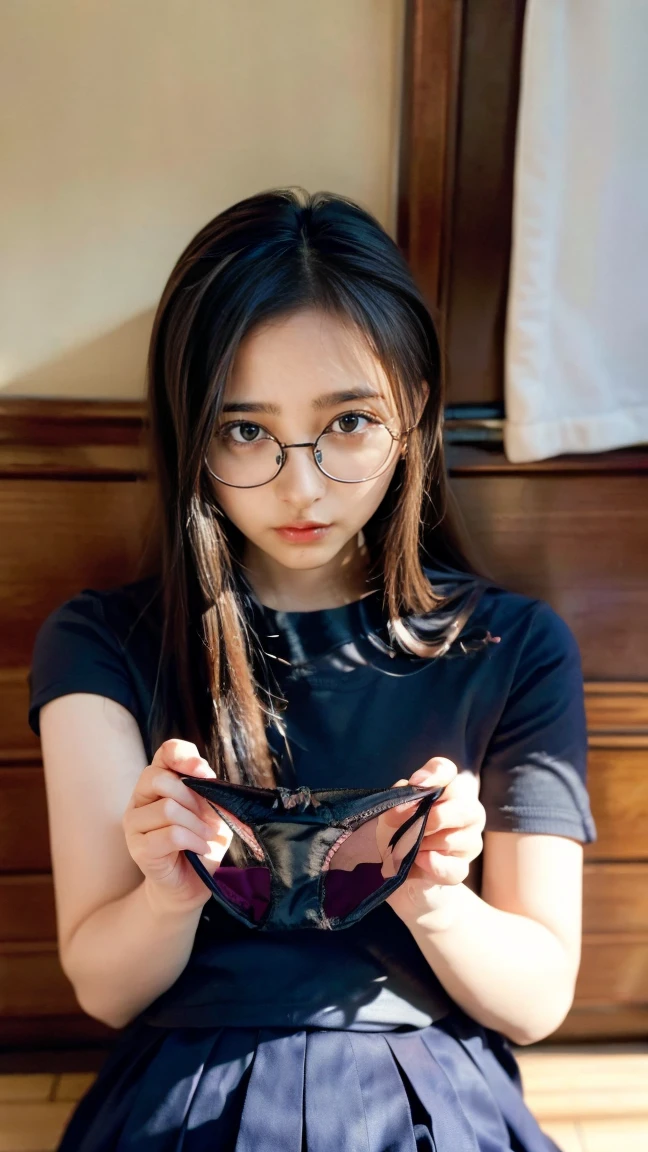 Photo of a beautiful woman standing on a street corner, (masterpiece:1.2, highest quality), (Realistic, photoRealistic:1.4), Beautiful illustrations, (Natural Side Lighting, Cinema Lighting), Written boundary depth, Beautiful thighs staring at the viewer, (((Face Focus, Upper Body))), 1 female, 30-year-old, alone, thin, slender, small breasts!!!, Short Hair, Straight Hair, Forehead, Forehead, Forehead, Forehead, thin, slender, (((glasses))), lingerie, (white bra), (((She wears sexy bra))), Skinny black pants, Are standing, New York 25th Street