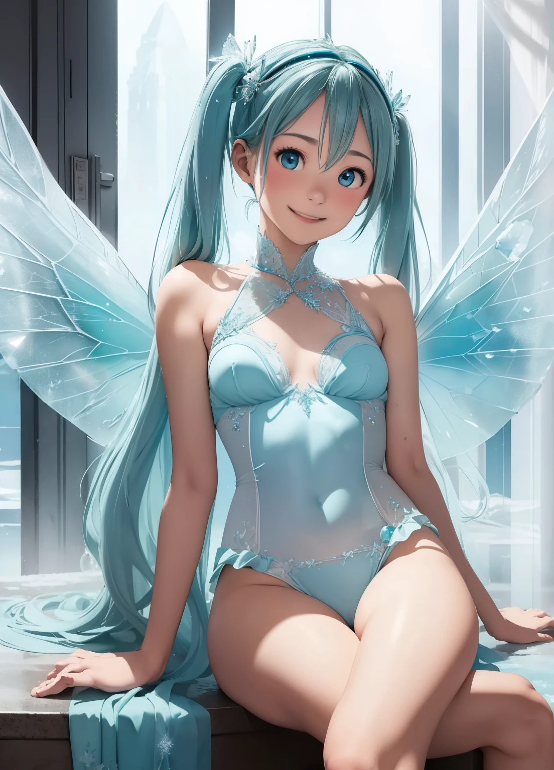 (Realism: 1.4), (Masterpiece, Side Light, Delicate Beautiful Eyes: 1.2), Masterpiece* Portrait, Realistic, 3d Face, Glowing Eyes, Blue Hair, Shiny Skin, Solo, Wings, Open Clothes, (Belly), Barcode. bottomless