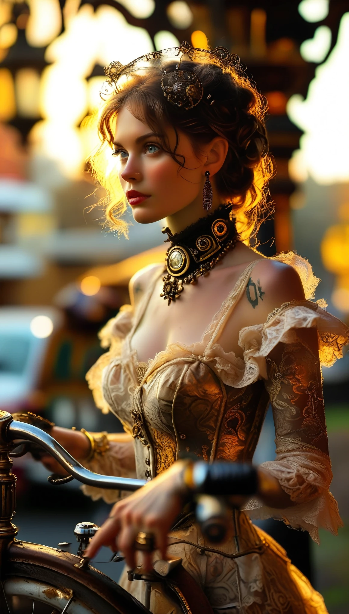 A close-up shot of a ravishing woman, donning a stunning steampunk ensemble with intricate brass accents and delicate lace details, perches elegantly on the handlebars of an elaborately crafted, Victorian-inspired bicycle. The warm golden light of a setting sun casts a flattering glow on her features as she poses confidently, one hand grasping the handlebar, no pants, see ass, nude, nacked,the other holding an intricately designed timepiece.