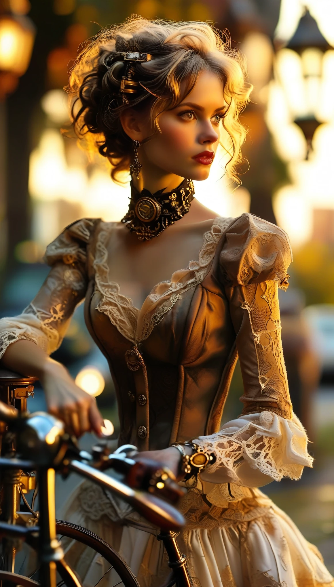 A close-up shot of a ravishing woman, donning a stunning steampunk ensemble with intricate brass accents and delicate lace details, perches elegantly on the handlebars of an elaborately crafted, Victorian-inspired bicycle. The warm golden light of a setting sun casts a flattering glow on her features as she poses confidently, one hand grasping the handlebar, no pants, see ass, nude, nacked,the other holding an intricately designed timepiece.