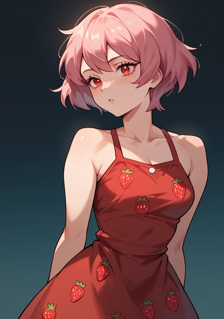 Woman one, short hair ,pink hair, red eyes, red dress with white details (strawberry print), Pokemon style 