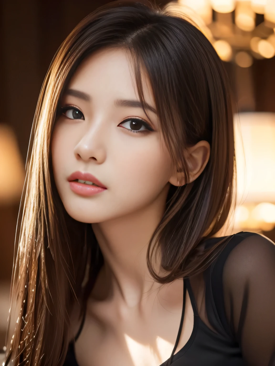 masterpiece, best quality, ultra-detailed, intricately detailed hyperdetailed, realistic, sharp features, highly detailed, sharp focus, (20 years old:1.3), perfect face, perfect symmetrically eyes, perfect full lips, hyper detailed, hyper realistic, high resolution, Fashion Model, Slender, Japanese Idol, (Cute Face:1.2), Stylish, Beautiful Face, Red hair, messy hair, Beautiful hairstyle, ( Gaze, face:1.2), temptation, (Black see-through shirt:1.2, Black camisole:1.2), (On the bed, Dimly light room, The lamplight shines on my cheeks), Looking up,