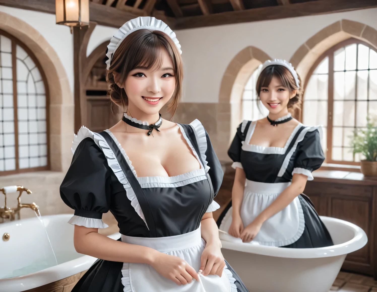 Score_9, Score_8, Score_8upScore_7, Best Quality、masterpiece、group、((A cute maid outfit with lots of frills)), ((Layered Haircut)), Slim body, Slim face, Big Breasts(8k,Best Quality),Shooting from a medium distance, Adorable, smile,Perfect hands,Black choker、Almond Eye、bangs, Brown Hair, Very thick and long eyelashes, Perfect Makeup, Medieval style, Inside a fantasy house, A maid preparing a bath, The maids of the family are working happily.
