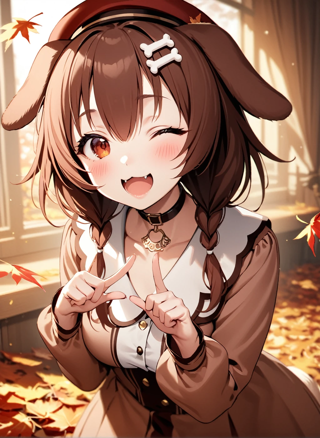 yukino_yukinoshita, 1girl, bone hair ornament, virtual youtuber, one eye closed, solo, autumn leaves, animal ears, brown hair, dog ears, yukino_cute_outfit , brown skit , hat, cute , masterpiece, best quality, 1girl, solo, cinematic, soft lighting, shine skin , light skin , 8k, soft colors