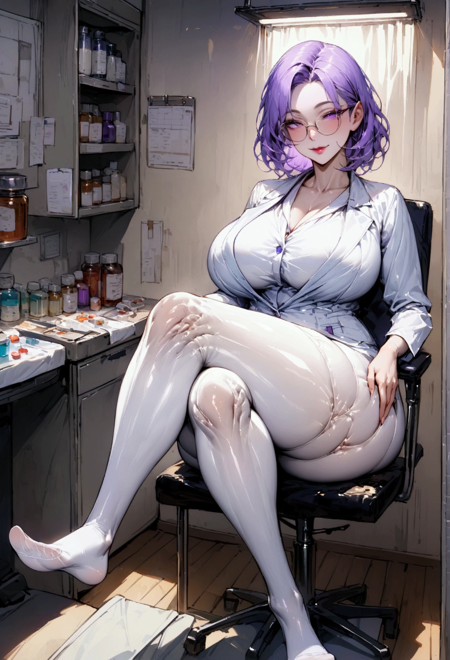 Mature beautiful woman,(Best Quality,Extremely detailed depiction,Incredibly absurd high definition,Anatomically accurate,Curvy Legs,Shiny skin,Porcelain-like skin),(Female doctor:1.3),(White:1.3,White tights),eyelash,(Purple Eyes,Half-closed eyes:1.5,Large Breasts,Bewitching Smile,Glossy lips,During examination,Mouth open,Glasses,Sitting),whole body,Examination room,Medicines,Healthy painting,