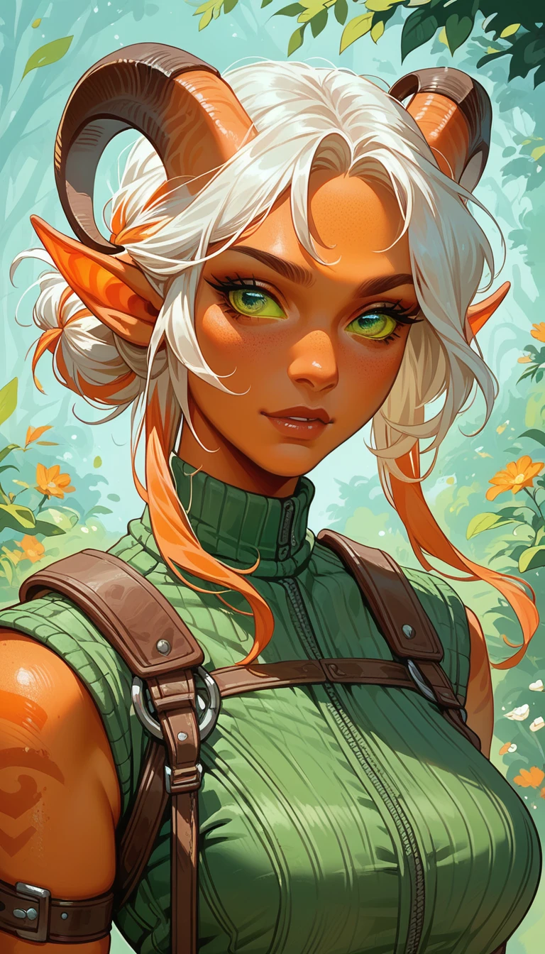 score_9, score_8_up, score_7_up, score_6_up, 1woman, multi-colored hair, hairbun, green eyes, ranger, Tiefling, (orange skin, goat horns, green sclera)