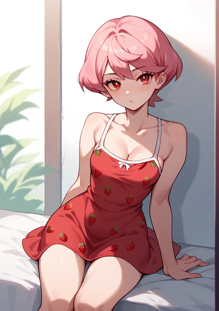 Woman one, short hair ,pink hair, red eyes, red dress with white details (strawberry print), Pokemon style 