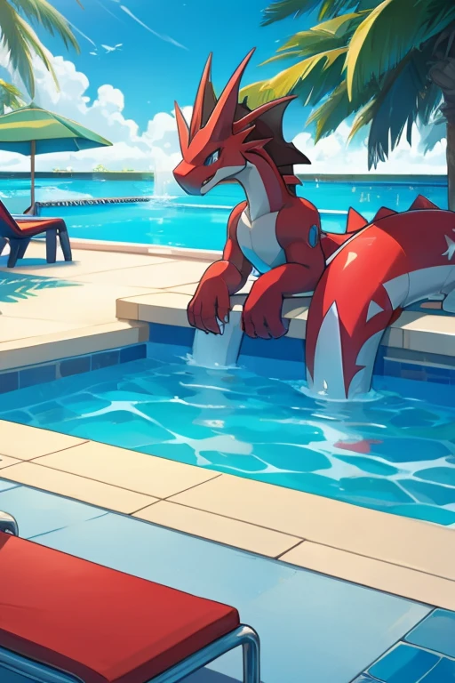 Sergal, pink fur, red stripes on neck, red stripes on tail, red stripes on back, red stripes on ears, small, feral, scruffythedeer art style, getting out of pool, side profile, standing on poolside, spreading legs, presenting hindquarters, anus, long twisted cloacal penis, tapering penis, plump balls, pool, detailed background, wet, close up, paws, blue eyes, detailed shading, cumming Negative prompt: boring_e621,