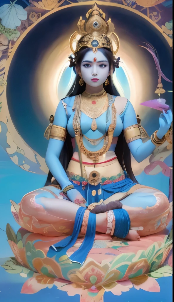 There is a beautiful goddess sitting on a large lotus flower in the void，Perfect body posture，Long curved eyebrows，Beautiful eyes sparkle，The large, Jewel-like eyes sparkle，Clear pupils have reflected light，二重まぶた，（（Plump and rosy lips））Nipples clearly visible，（（Flushed cheeks）），The mandible is plump，Fair skin is delicate and smooth，Delicate skin translucent，A delicate and dexterous crown，inlaid gemstones，Exquisite and ingenious，inlaid gemstones，Sitting on a light red lotus in the air，look straight at the camera，（（????? the stem of the lotus flower with one hand）），Place the other hand（（（Open palms））），（nice hand），（Good feet），（good legs），realisticlying，white skinned，（（Correct body structure）），White clothing，decorated in white，baiyun，Blue sky，Head background with round light，Behind him is a colorful rainbow circle，Color glow is turned on，Front lighting，Positive light，No shadows on the face，There are no shadows on the body，Blue sky，Unreal space，ethereal world，dreamworld，with blue sky and white clouds，tmasterpiece，4K，ultra-definition，professional photoshooting，Perspective looks up，Standard lens shooting，