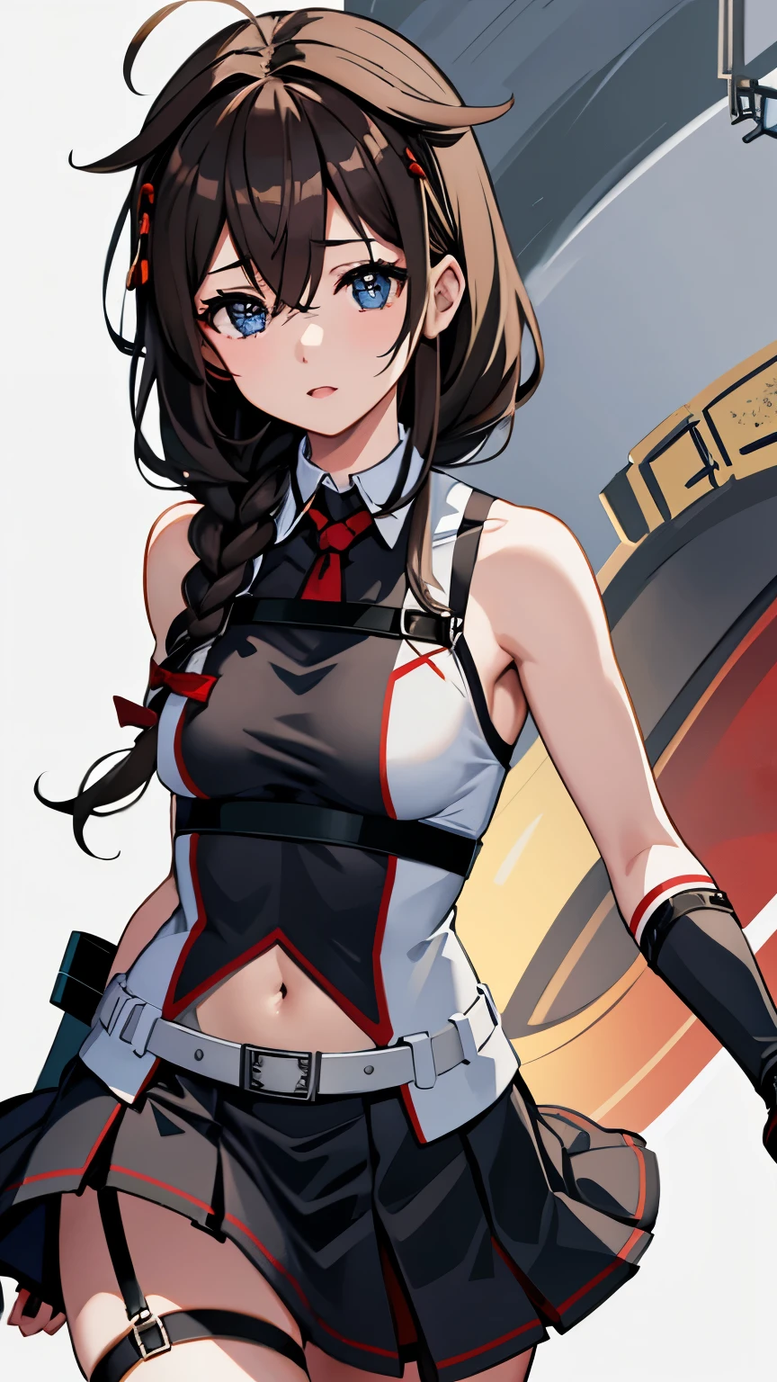 Shigure Kai 3 KanColle Sleeveless Black fingerless gloves Black skirt Braids 8K high resolution Highly detailed eyes Highly detailed face、Very detailed body、Incredibly detailed skin Lin々expression