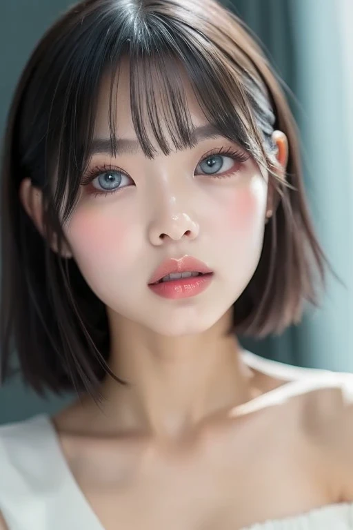 In a dimly lit room、Realistic upper body portrait photo of a woman with short bob hair and perfect face,Accurately depict the top of the head、Big Mouth,Moisturized lips、Thick, plump and shiny lips with a clear lip balm、Fingertips touching lips