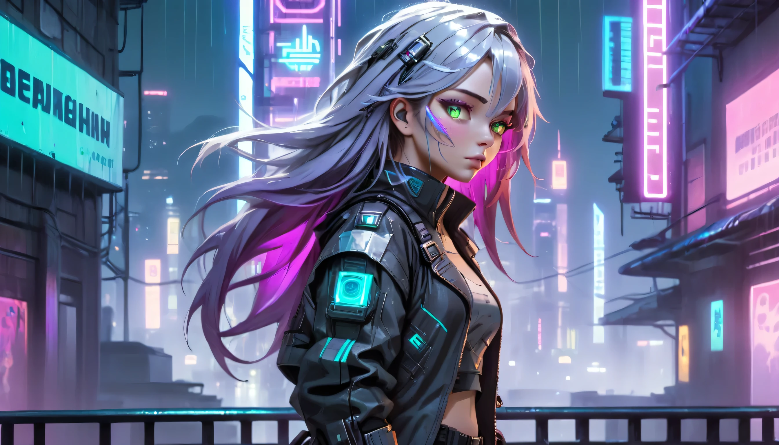 Cyberpunk or post-apocalyptic style girl with a futuristic touch, Tight combat clothing with technological details, as light armor, jackets with LED lights, and combat gloves. Includes futuristic weapons such as energy swords, Color Palette Dark tones like black, purple or blue, combined with bright neon details (green, red, the electric blue), Long messy hair with bold colors like silver white or bright purple with holographic highlights, heterochromia, In a cyberpunk city at night, with rain and neon lights, She is on top of a building watching