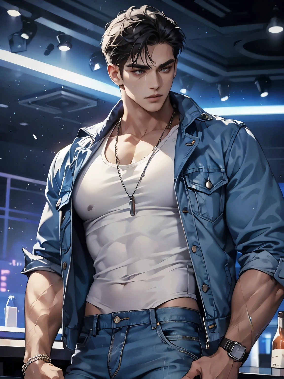 (masterpiece, best quality:1.2), cowboy shot, solo, male focus, 1boy, smile, looking at viewer, headphones, shirtless, ripped jean, sport shoe, concert, spotlight
