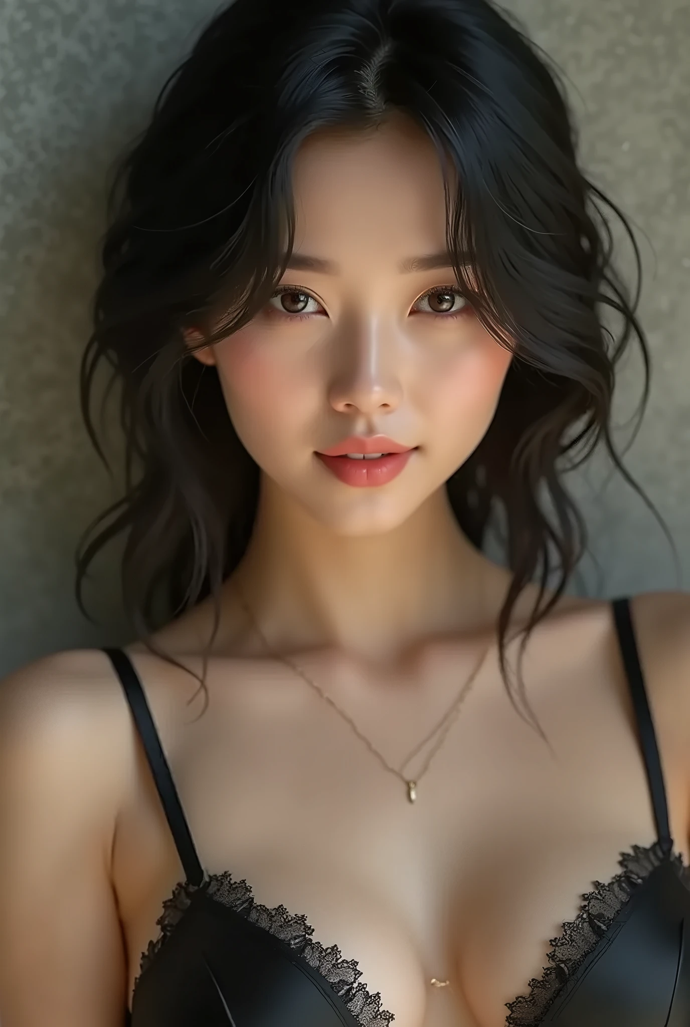 breasts, smile, blush, Long hair, open mouth, black hair, looking at the viewer, 1 girl,