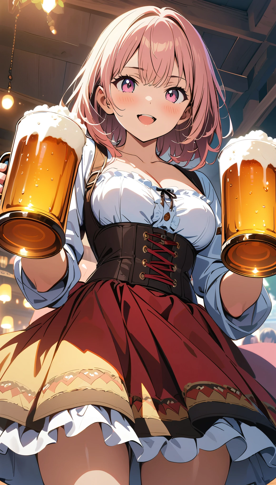 (masterpiece, Best Quality, Official Art:1.2), Ultra-high resolution, Very detailed, German folk costume, Oktoberfest, holding beer mugs in both hands, Low Angle