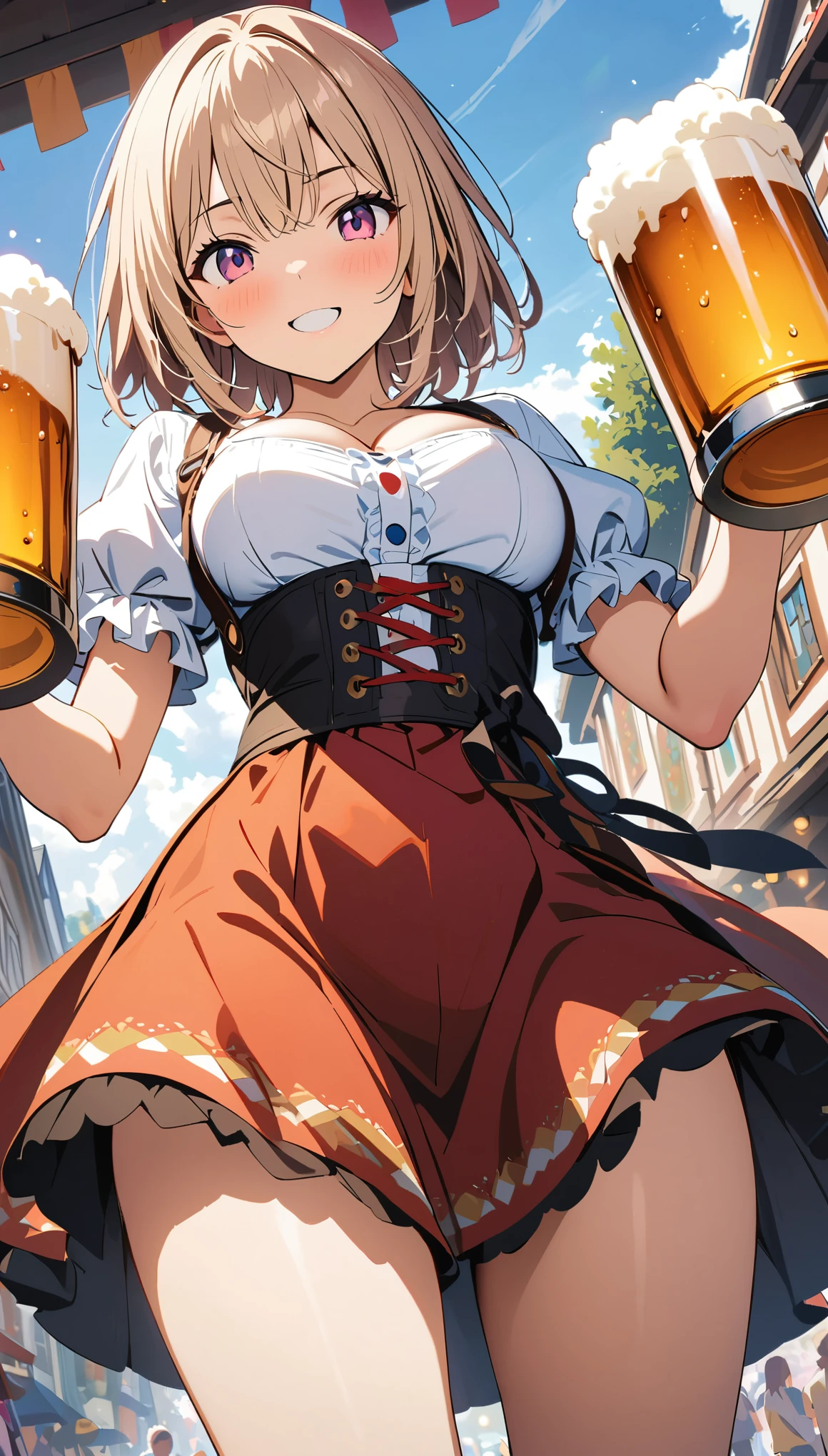 (masterpiece, Best Quality, Official Art:1.2), Ultra-high resolution, Very detailed, German folk costume, Oktoberfest, holding beer mugs in both hands, Low Angle