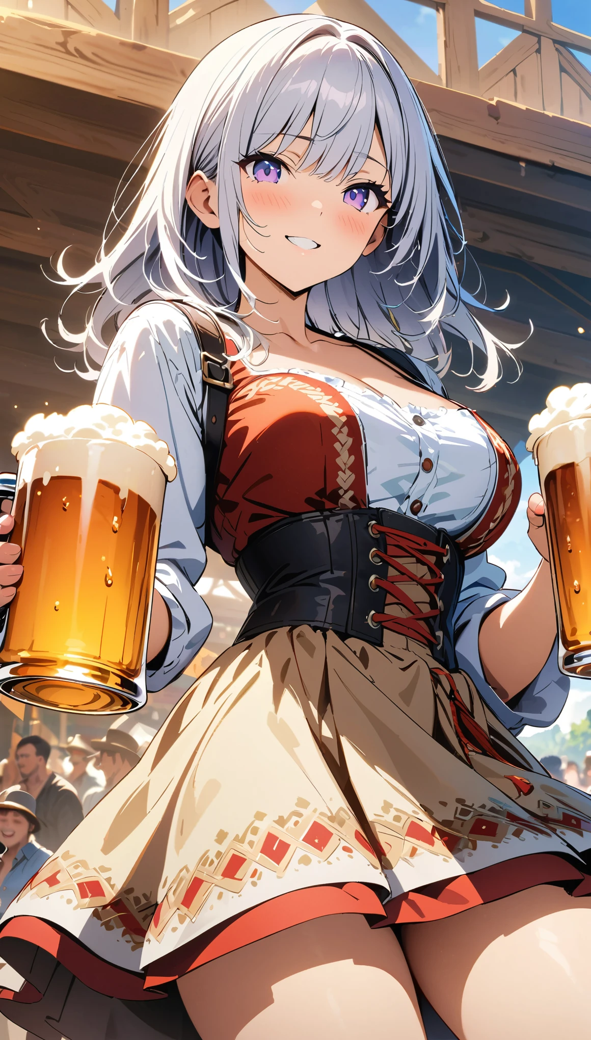 (masterpiece, Best Quality, Official Art:1.2), Ultra-high resolution, Very detailed, German folk costume, Oktoberfest, holding beer mugs in both hands, Cowboy Shot