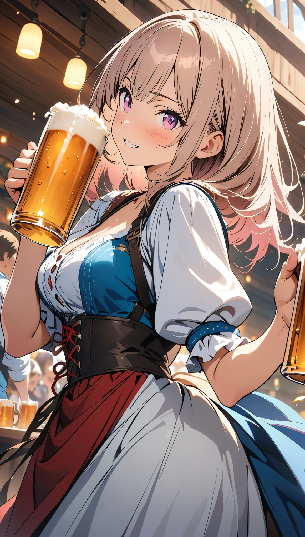 (masterpiece, Best Quality, Official Art:1.2), Ultra-high resolution, Very detailed, German folk costume, Oktoberfest, holding beer mugs in both hands, From the side, fun