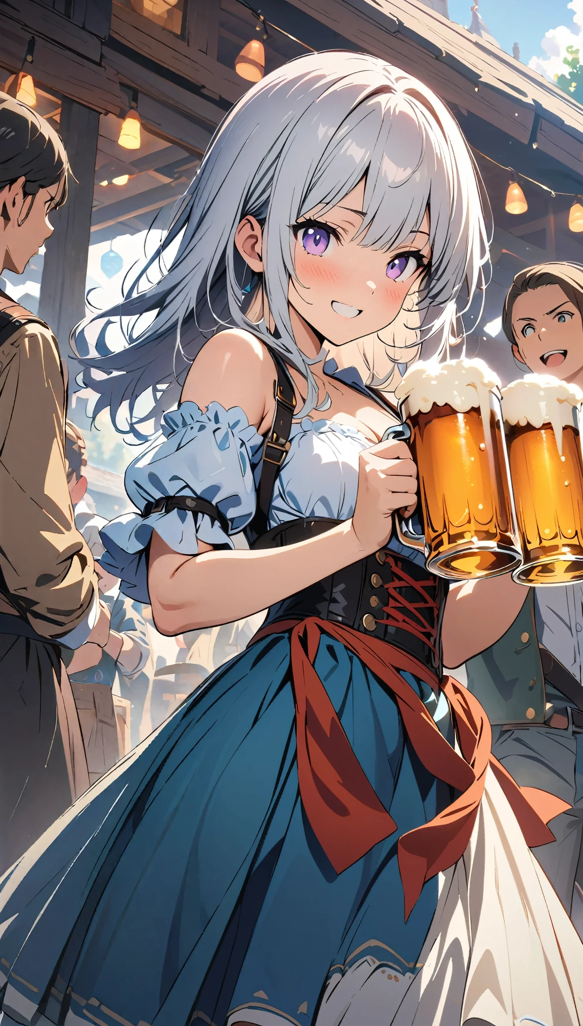 (masterpiece, Best Quality, Official Art:1.2), Ultra-high resolution, Very detailed, German folk costume, Oktoberfest, holding beer mugs in both hands, From the side, fun