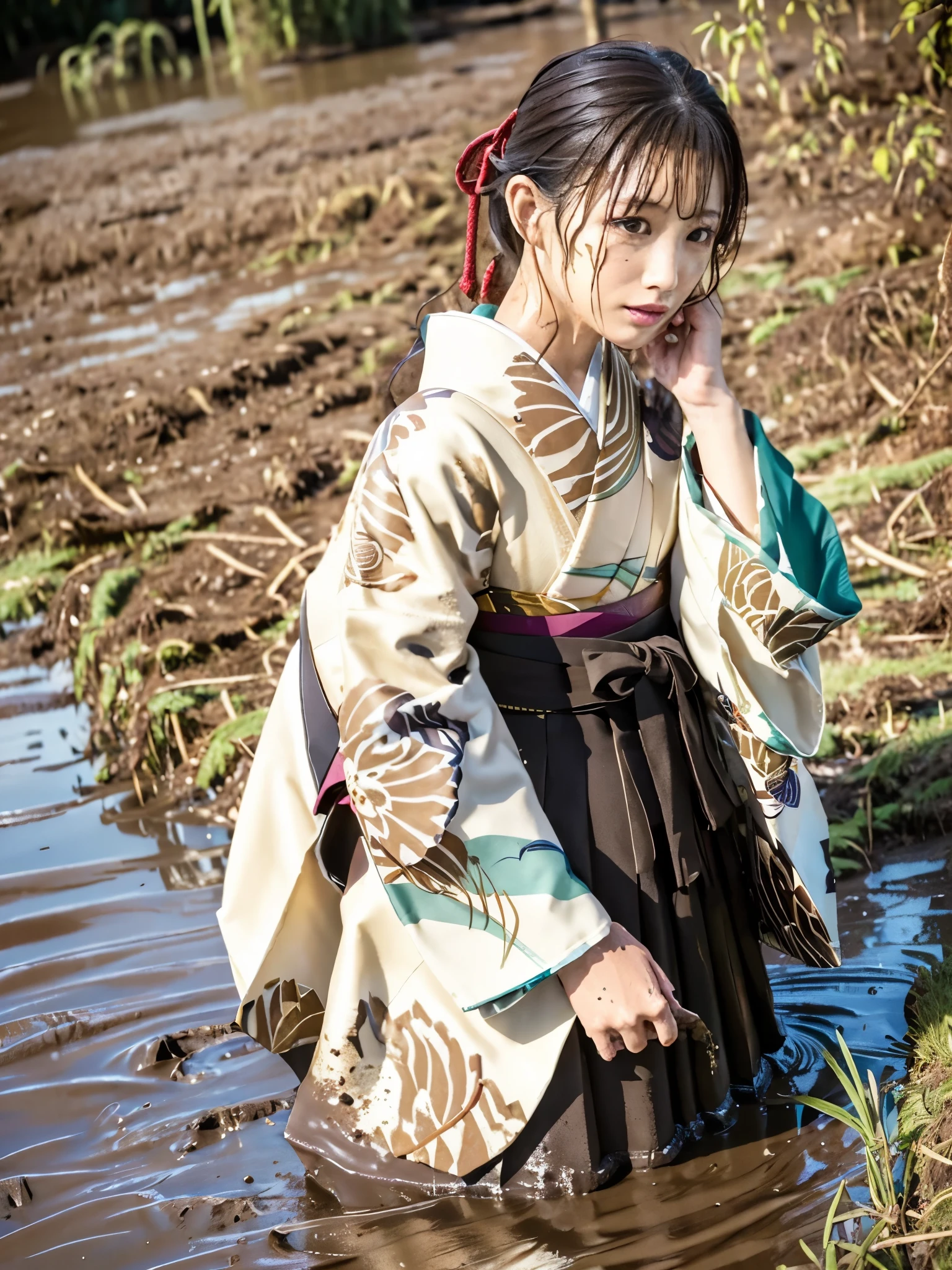 Realistic, hakama, kimono, woman, furisode, clothes that stick to the skin, clothes stained with mud, clothes covered in mud, sinking in muddy water, immersed in muddy water, buried in mud, woman immersed in muddy water, clothes with a wet texture, woman immersed in mud, buried in mud