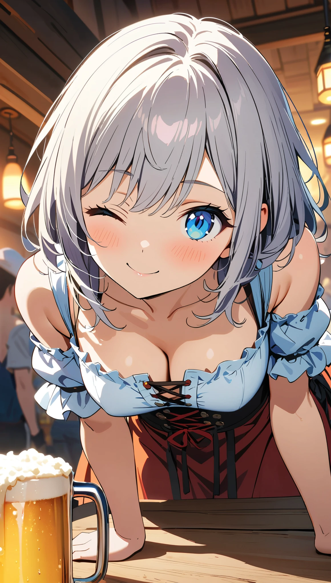 (masterpiece, Best Quality, Official Art:1.2), Ultra-high resolution, Very detailed, German folk costume, Oktoberfest, Place a beer mug on the table,  one eye closed, smile, from the front, Leaning forward