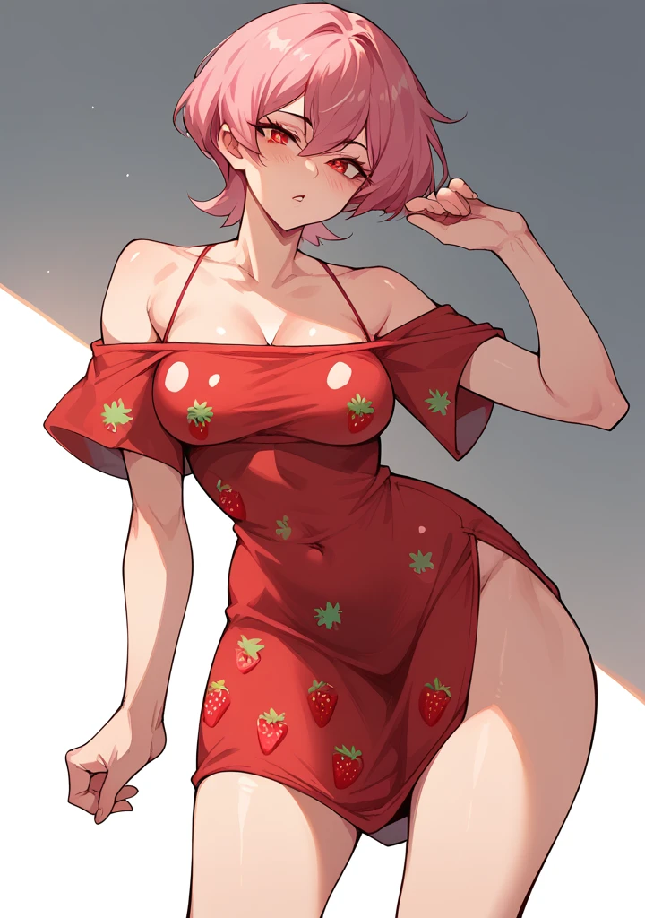 Woman one, short hair ,pink hair, red eyes, red dress with white details (strawberry print), Pokemon style,curvy body