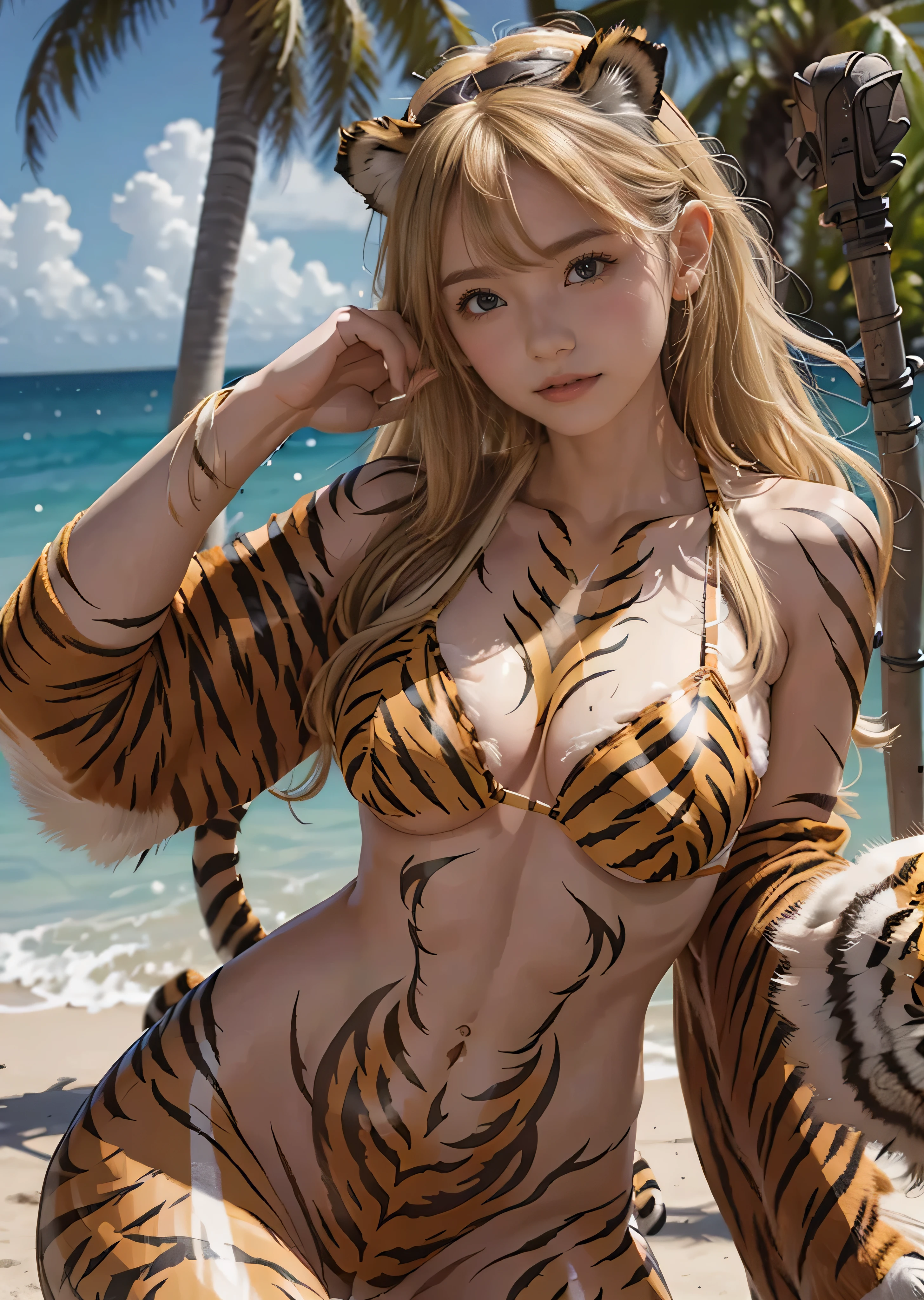 The girl is a tiger beastman。Yellow tiger eye、Beautiful Face、yellow skin、Beautiful Skin、smile、Tiger print hair、smallest、Chibi、Completely naked、hairless labia、