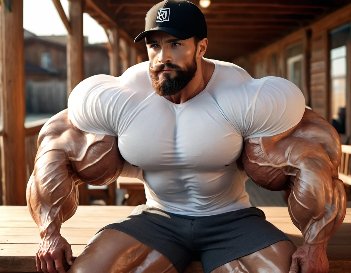 1men, 26yo, A hyper-realistic, ultra-masculine bodybuilder with exaggerated muscle size, wearing a tight white T-shirt that emphasizes his massive chest and arms. (He has a full, thick beard and is wearing a black baseball cap backwards), The setting is an outdoor beach with a warm, natural light casting detailed shadows. The man is seated at a wooden table, showing strong, muscular arms with veins and defined details. His expression is serious, and he has a focused gaze. The quality is 8K ultra-detailed, with hyper-realistic textures on the skin, beard, and fabric of the shirt. The background features other people in soft focus, blending into the warm ambiance of the setting.(Detailed eyes), (Detailed face ), (Handsome face), (Shiny oily skin 2), gigachad, beautiful face, Dynamic lighting, (Masterpiece 2), (Best quality 2), (Detailed 2), (skin Realistic 3), hyperrealistic, Professional photography, Depth of field,