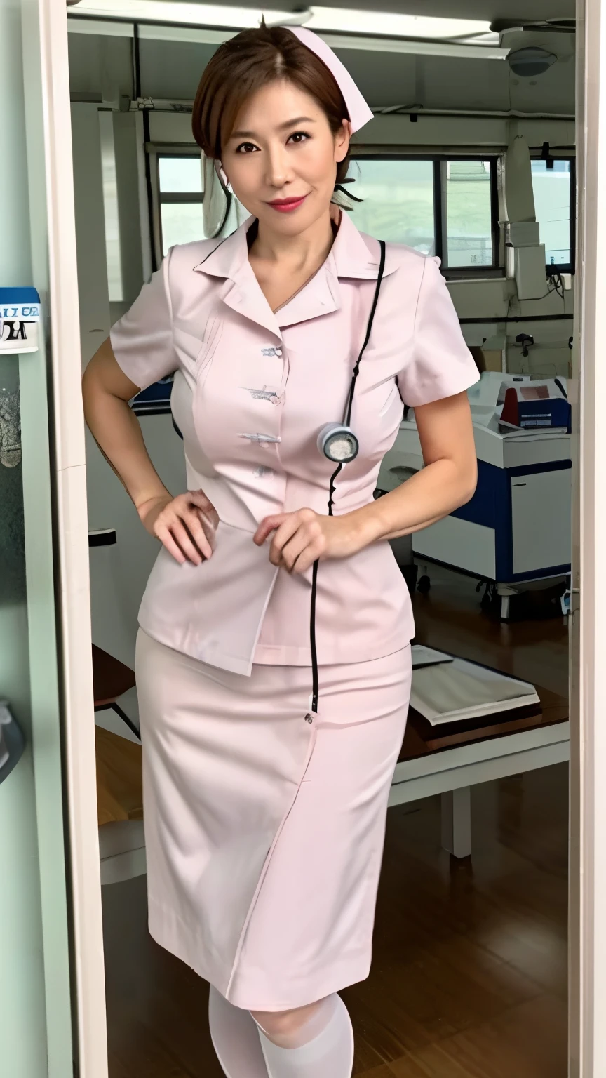 (Highest quality), (Ultra high resolution),

(Japanese woman) (Mature nurse) (Aeg45) (Mature woman) (Beautiful face) (Caramel hair, low ponytail)

(Sad expression: 1.22)(Looking at the camera)

(Slim figure: 1.3) (Large breasts) (No bra nipples)

(Pale pink nurse skirt dress) (Nurse uniform) (Nurse cosplay) (White stockings) (Stethoscope hanging from neck)

(Cowboy shot)

(Large hospital examination room) (Standing)