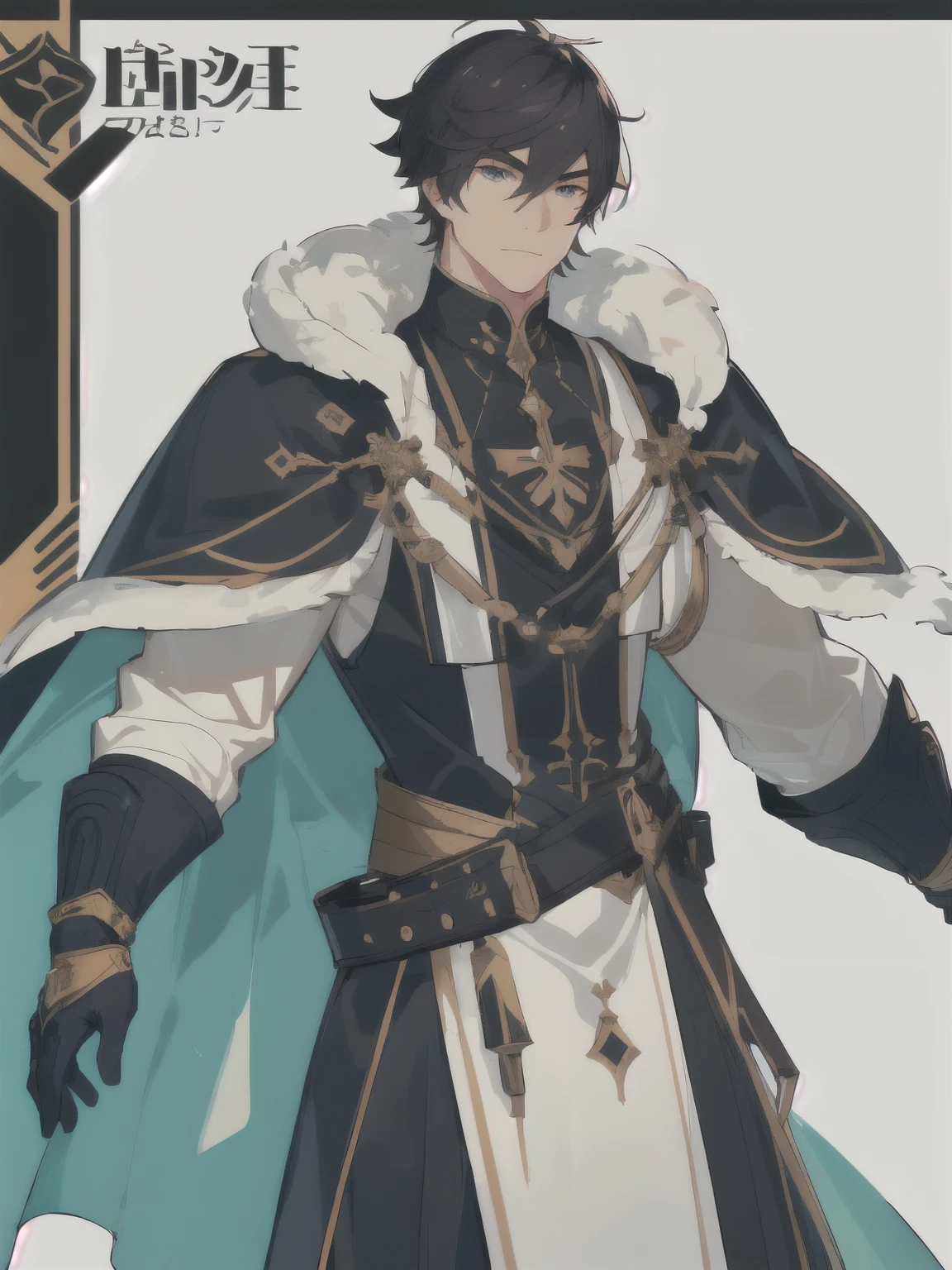 Masterpiece, Best Quality, Ultra-Detailed, 1man, solo, male, manly male, rugged, strong, bara, jock, stud, bear, short hair, black hair, wide jaw, a close up of a person in a man with a cape, genshin impact character, ( ( character concept art ) ), gilded black uniform, cyborg nobleman, best anime character design, official character art, casimir art, detailed full body concept art, picture of a male cleric, white background