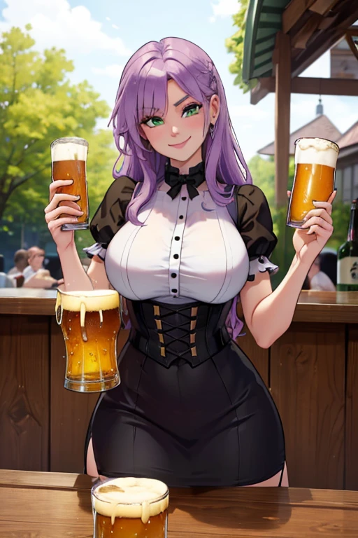 rinko, (corsets:1.2),navel,(naked:1.2),large breast,erected nipples,cleavage,maid headdress,long hair, ponytail,blue hair, hair between eyes, sidelocks, purple eyes, looking at viewer, beer pub,(highres, high quality:1.1), intricate details, cinematic lighting, 1girl,(red blush,embarrassed from),from below,(metal collar),show off pussy,carying a beer tray,stockings,long glove,fishnets