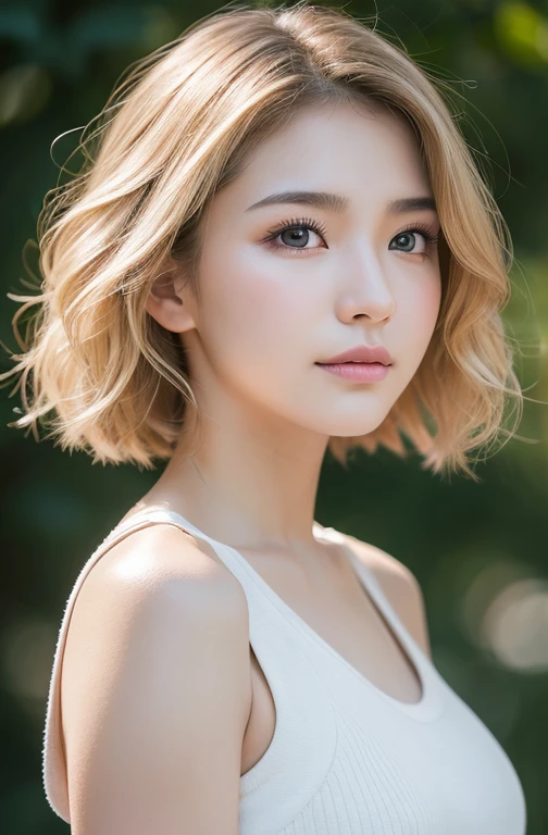 Asian, Beauty, Slender, Cute, 30s, Beautiful Face, Beautiful Skin, Actress, Mature, Upper Body, Light Brown Hair, Fine Hair, Small Face, Live Action, Masterpiece, Best Quality, Very Elaborate CG Unity 8K Wallpaper, Ultra High Definition, Casual Fashion, Lighting, Summer Fashion, Bob Hair, (Puffy Eyes), Look Audience, Turn Pose, Bleach Hair, Model Pose, Wall Background, Delicate skin type, light curly hair, hands around mouth, hair model shooting, chest not exposed, hair fluttering in the wind, pastel background