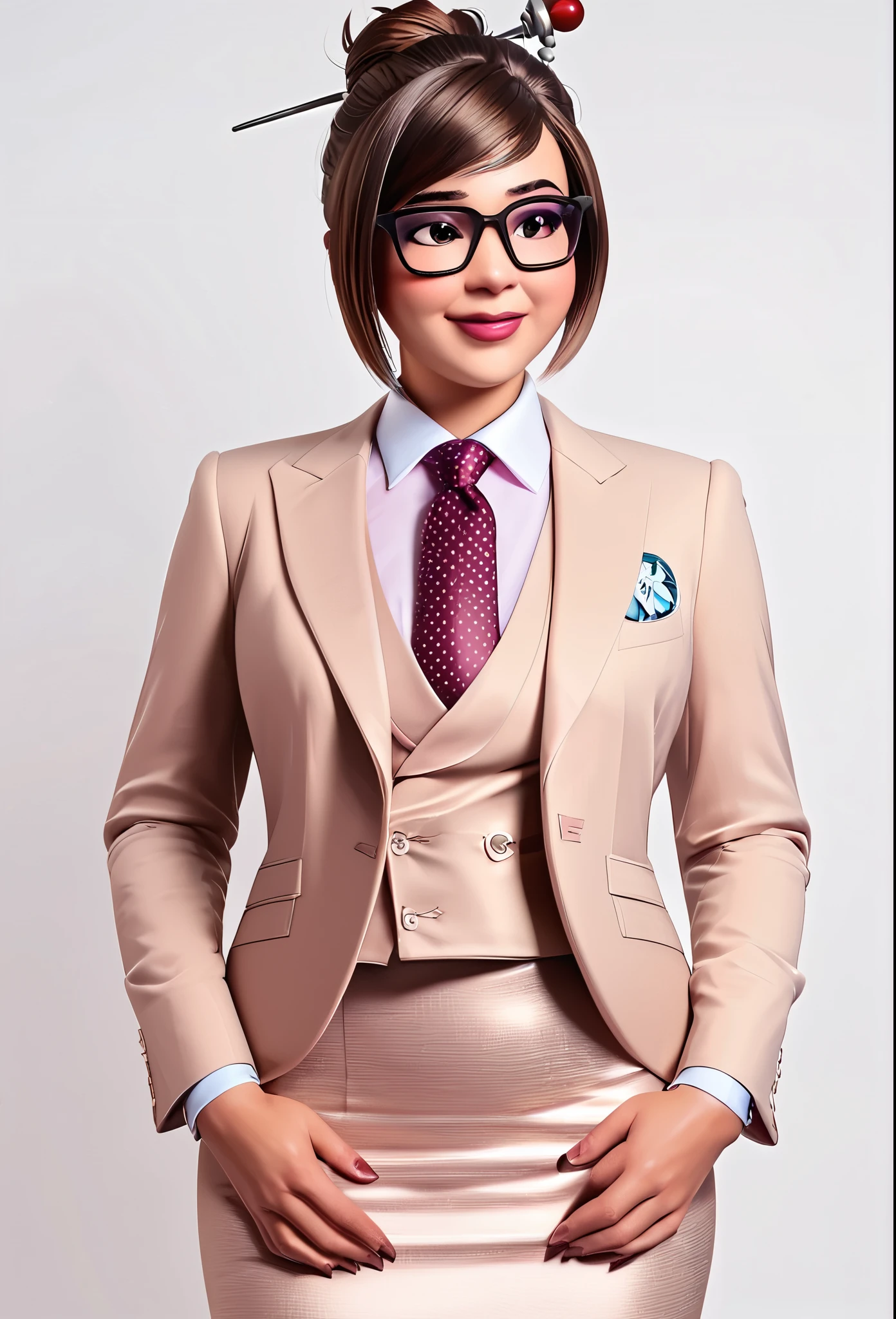 score_9, score_8_up, score_7_up, score_6_up, score_5_up, score_4_up, 3d, owmei, black-framed eyewear, hair bun, smile, shy, hair stick, blush, sheepish, 
three-piece suit, ((waistcoat)), tan skirt suit, dress shirt, metallic maroon polka dot necktie, blazer, tan suit jacket, bodycon pencil skirt, (light pink shirt with white collar), white shirt collar, contrast collar, suit trim, makeup, lipstick, black pantyhose, standing, looking away, avoiding eye contact, hands held together, 