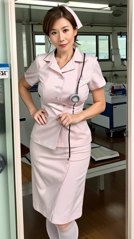 (Highest quality), (Ultra high resolution),

(Japanese woman) (Mature nurse) (Aeg45) (Mature woman) (Beautiful face) (Caramel hair, low ponytail)

(Sad expression: 1.22)(Looking at the camera)

(Slim figure: 1.3) (Large breasts) (No bra nipples)

(Pale pink nurse skirt dress) (Nurse uniform) (Nurse cosplay) (White stockings) (Stethoscope hanging from neck)

(Cowboy shot)

(Large hospital examination room) (Standing) (Skirt lift, lift skirt) (Sexy panties flashing)