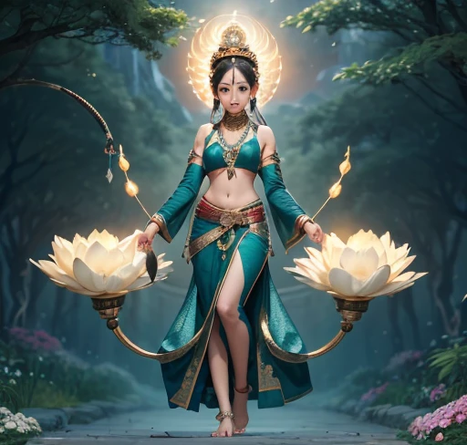 Three-headed goddess，Three young heads，Four arms，Green Skin，Standing barefoot in the garden，Beautiful，Cute ，共有Four arms的女孩，Four arms分别是：Her upper right hand holds a trident halberd.，Lower right hand holding a peacock feather fan，Holding a black snake in the upper left hand，Lower left hand mudra。Black snakes coiled around arms and legs as jewelry，There are also black snakes in the hair，Snake jewelry around the ankle，Wearing a snake as a belt around the waist，The body is on fire，There is a circular light in the background of the head，Surrounded by meadows full of flowers，远处是Daisetsu Mountain，Flowers all around，Forest with trees behind，There are mountains in the distance，Daisetsu Mountain，Beautiful. Extremely high level of detail, divine , female ,Indian Art，Indian culture young girl，