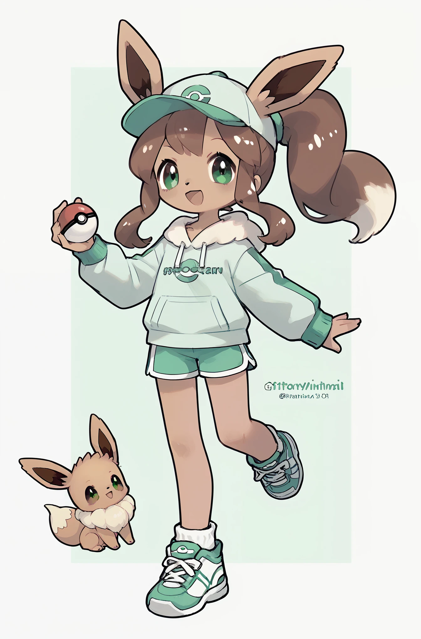 1 Trainer Girl，whole body，Brown side ponytail，Green eyes，Green cap，Sweatshirt，shorts，Sports shoes，Pokeball in hand，Open mouth smile，dynamic，Monochrome background，Drawing style，（Brown hair），Around［Pokémon:eevee］，Trainer is human！！！