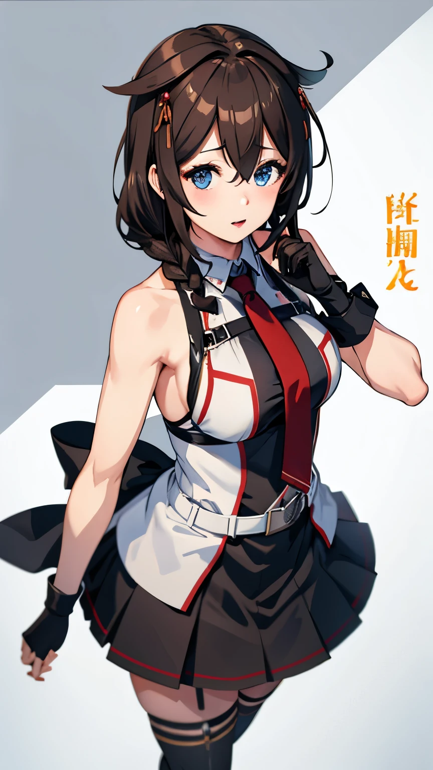 Shigure Kai 3 KanColle Sleeveless Black fingerless gloves Black skirt Braids 8K high resolution Highly detailed eyes Highly detailed face、Very detailed body、Incredibly detailed skin Lin々expression