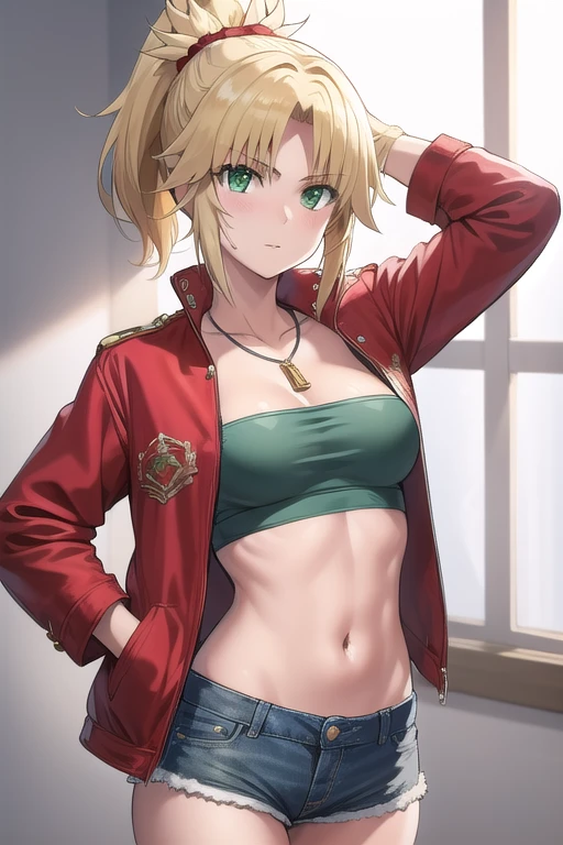 Beautiful, Masterpiece, Best Quality, extremely detailed face, perfect  lighting, mordred \(fate\), a 1girl, 独奏, hair light, Green eyes, braid, stands, black shorts, blusher, 鎖骨, crop-top, looking a viewer, bellybutton, Abs, little chest, Red shirt, Shirt, hands on thighs, white bandeau, Short shorts, wide thighs, ass, the sweat, Erotica