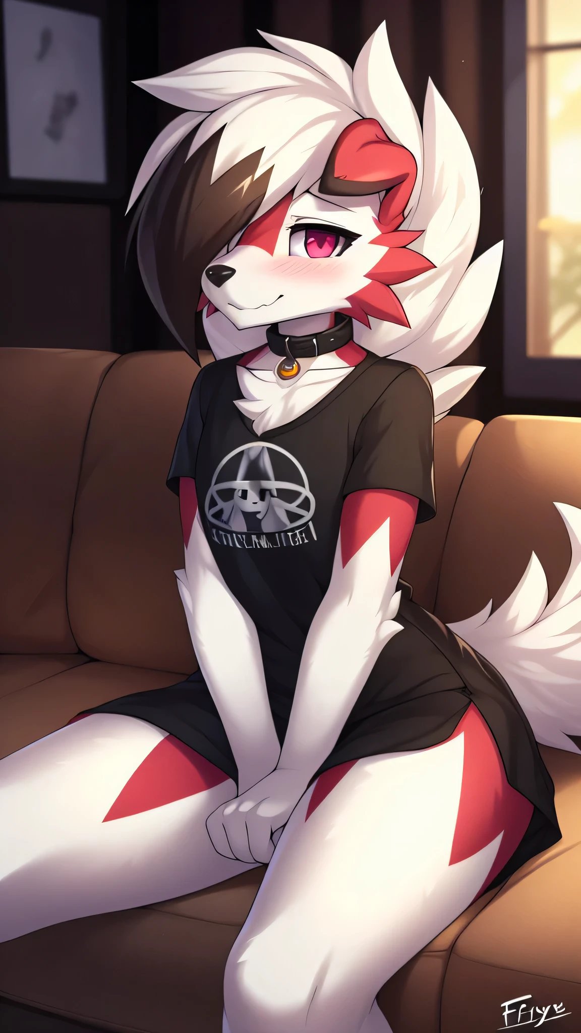 By zinfyu,by twistedscarlet60, uploaded on pixiv, by fluff-kevlar, (masterpiece), (best quality), (solo female:1.2), (extremely detailed:1.3),(detailed eye,black circle on eye,pink eye), lycanroc midnight, Front view, view on viewer, close view, shy face, half body on potrait, only body and head, close view, wearing black t-shirt,wear black pants, Fullbody t-shirt, dress neatly, feminime flatchested, flatchested, close up photo of lycanroc, focus on face, in home living room, :3 mouth, beautiful eyebrow, shy, blush, wearing black collar, Paws pose, potrait, half body in potrait, sitting, calm