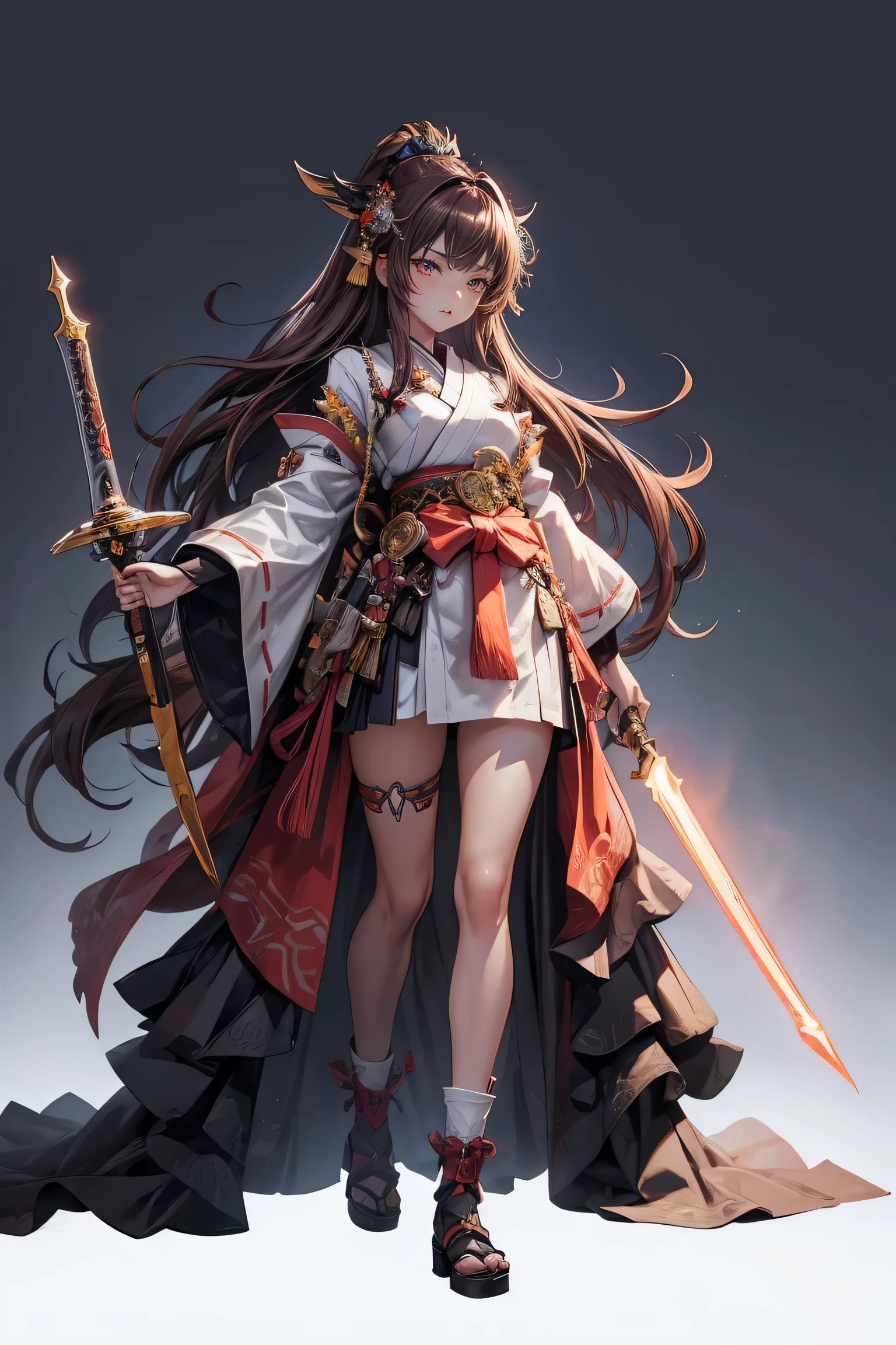 (Best Quality:1.2, Very detailed, up to date, A lonely look, Ultra-high resolution, High Contrast, masterpiece:1.2, Best Quality, Best aesthetics), cute,cute,Brown hair and shrine maiden costume、Himiko、A young samurai girl holding a dagger in front of her, Blue piercing gaze, Glamorous proportions,He has a dagger that emits colorful light.、Standing still,Standing straight with arms at sides、The whole body is shown、White background Official illustration style,masterpieceBest Quality,Exquisite,8k,Absurd,Super detailedなイラスト,(Looking at the audience) (Super detailed, The absolute solution, Best Quality:1.3), 2.5D, Subtle and dynamic effects, Lighting Effects, Artistic, Hyper, Graphics CG Digital Art、Full Body Shot,Design Sheet