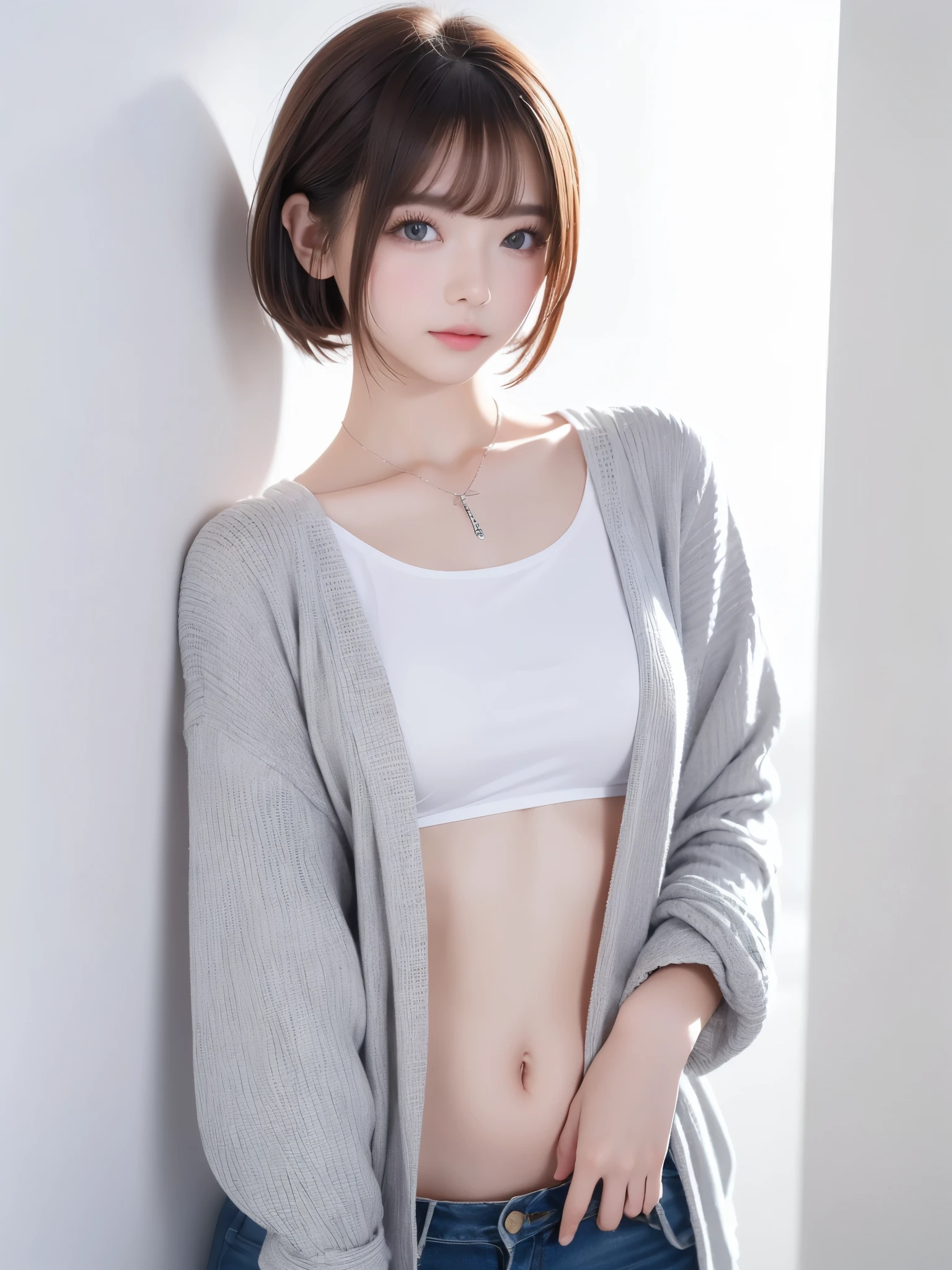 205 ((short hair)), 20-year-old female, In underwear、Put a cardigan over your shoulders、 A refreshing smile、Beautiful teeth alignment、Dark eyeliner、Dark brown hair、ear piercing、Necklace around the neck、Looking at the camera
