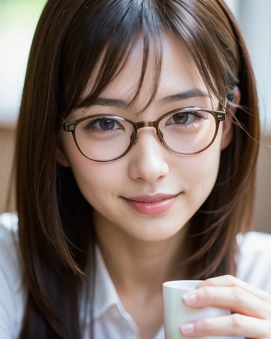 (8k, RAW photo, best quality, masterpiece), (photo realistic), outstanding details, ultra-high resolution, anatomically correct, textured skin, (Extremely precise and accurate anatomy),
Ultra Detailed Face, Detailed Eyes,
A cute 35 year old Japanese girl, (Relaxing at an open-air cafe in the forest), Iced tea on the table,
cowboy shot, (looking at viewer:1.4),
(faint smile), (Mouth slightly open:0.1),
(chignon:1.4), low chignon, (Small nose:1.2) , (small mouth:1.2),
(Ultra Detailed Rimless small glasses), pupils sparkling, thin lips, thin eyebrows,
dark brown hair, Forehead,
Earrings,
(white simple summer sweater:1.2),
Necklace,
(simple cotton flared skirt , Light brown and long length skirt),
(background Fresh green forest, outdoor cafe,),
morning sun, (backlighting),
reflection light from below,
atmospheric perspective, depth of field,
(dramatic lighting), cinematic lighting,