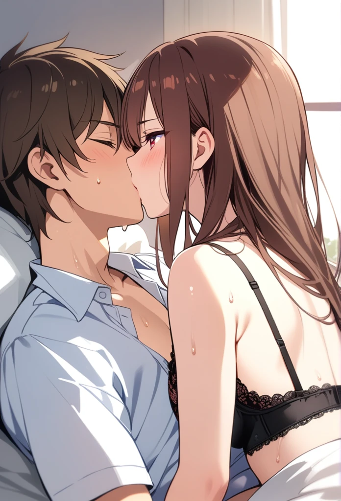 A brown haired girl kissing Gojo Satoru
