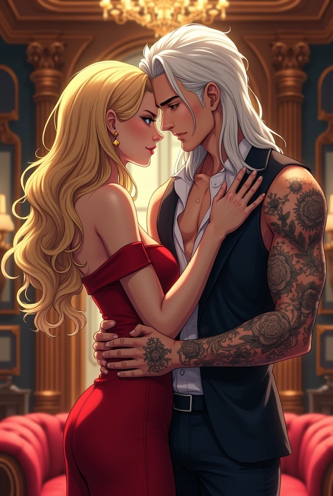 I would like an anime-style image of a couple consisting of a man with long platinum hair and a tattoo kissing a woman with long golden hair and a black dress.