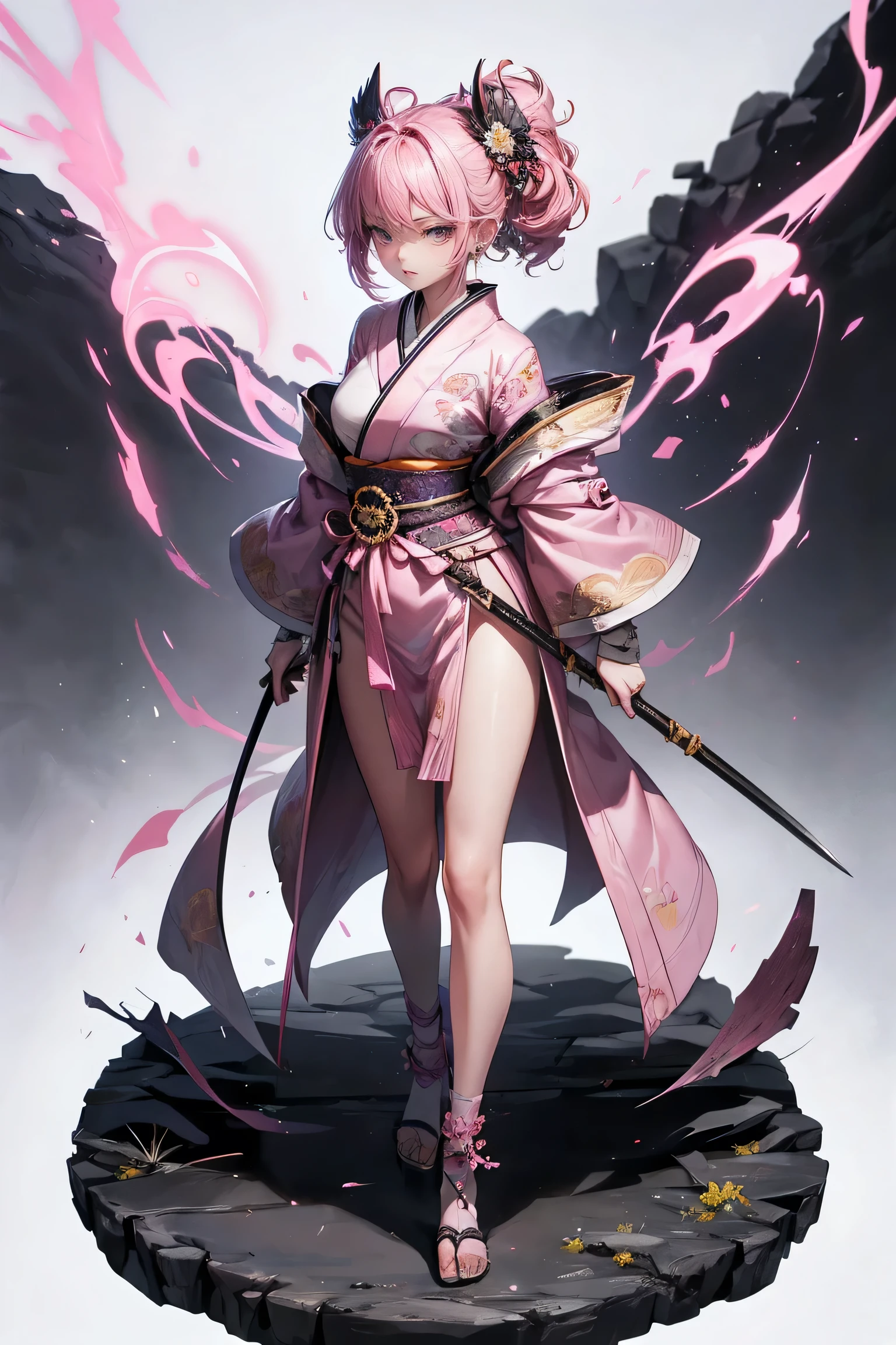 (Best Quality:1.2, Very detailed, up to date, A lonely look, Ultra-high resolution, High Contrast, masterpiece:1.2, Best Quality, Best aesthetics), cute,cute,Pink hair and pink kimono、A young girl holding a naginata high, Black sharp gaze, Glamorous proportions,He has a naginata that emits a pink light.、Standing still,Standing straight with arms at sides、The whole body is shown、White background Official illustration style,masterpieceBest Quality,Exquisite,8k,Absurd,Super detailedなイラスト,(Looking at the audience) (Super detailed, The absolute solution, Best Quality:1.3), 2.5D, Subtle and dynamic effects, Lighting Effects, Artistic, Hyper, Graphics CG Digital Art、Full Body Shot,Design Sheet