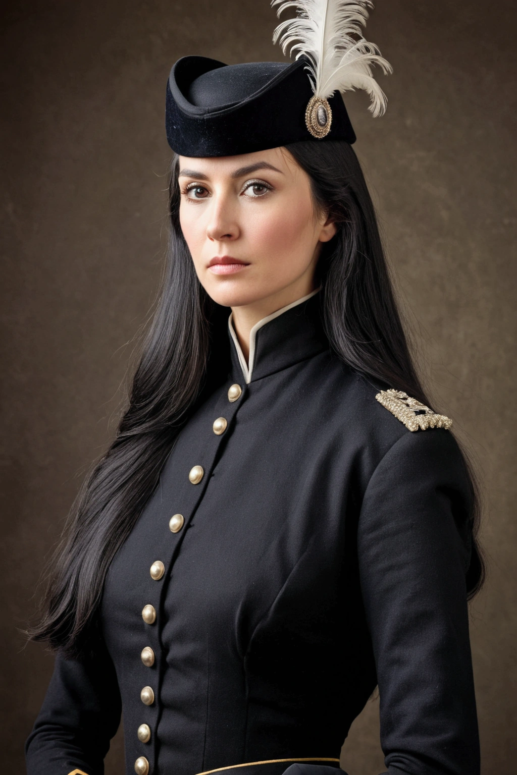 Youthful lady, aging approximately 40 to 44, wearing tight black duke uniform, victoria era, long black hair, wearing hat with feather, half body portrait.,