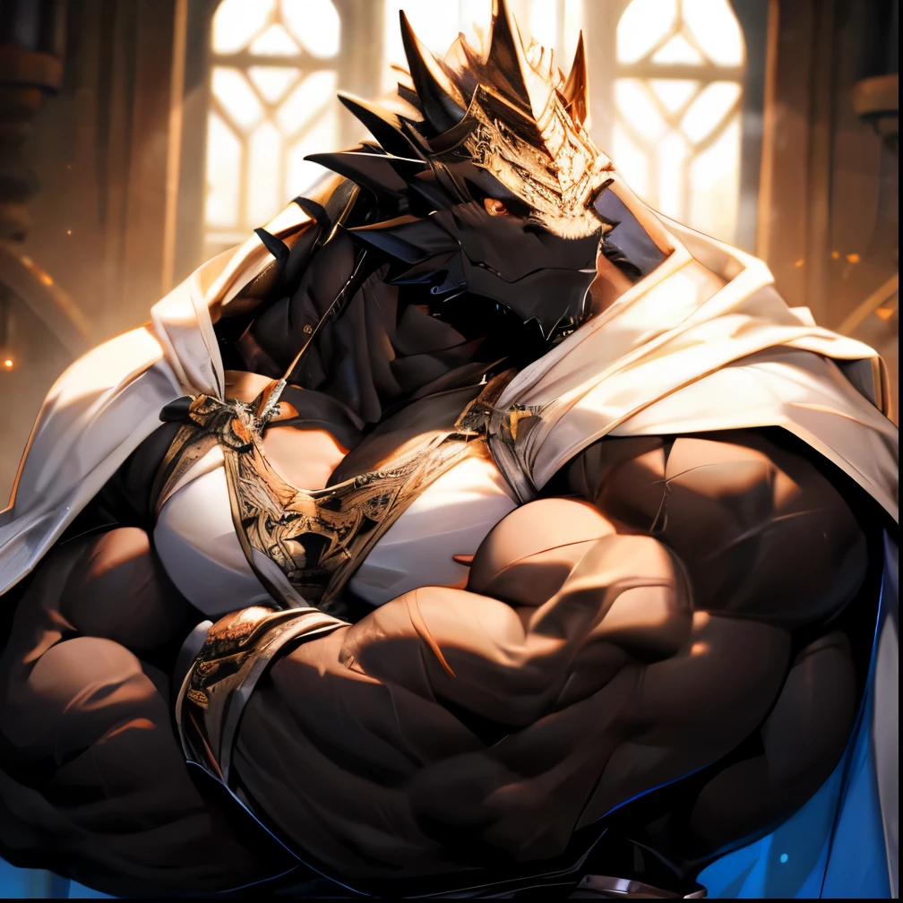 Very muscular black dragon, Large pecs, Heavyweight, Bodybuilder figure, knight armor with white cape under, big bump, 