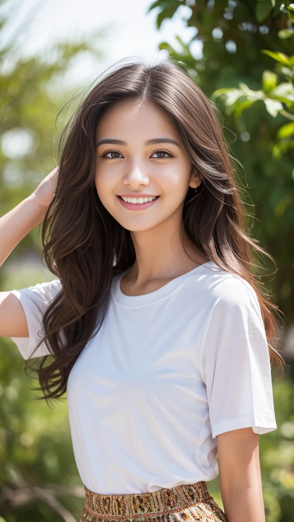 (best qualtiy，8K，tmasterpiece:1.3)，(sharp fokus:1.2)，(one-girl:1.2)，(perfect body figure:1.4)，(Slim abs:1.1)，exteriors，ssmile，rays of sunshine，Fine face，beautidful eyes，Straight legs， white  shirt， worn jeans， White sneakers。