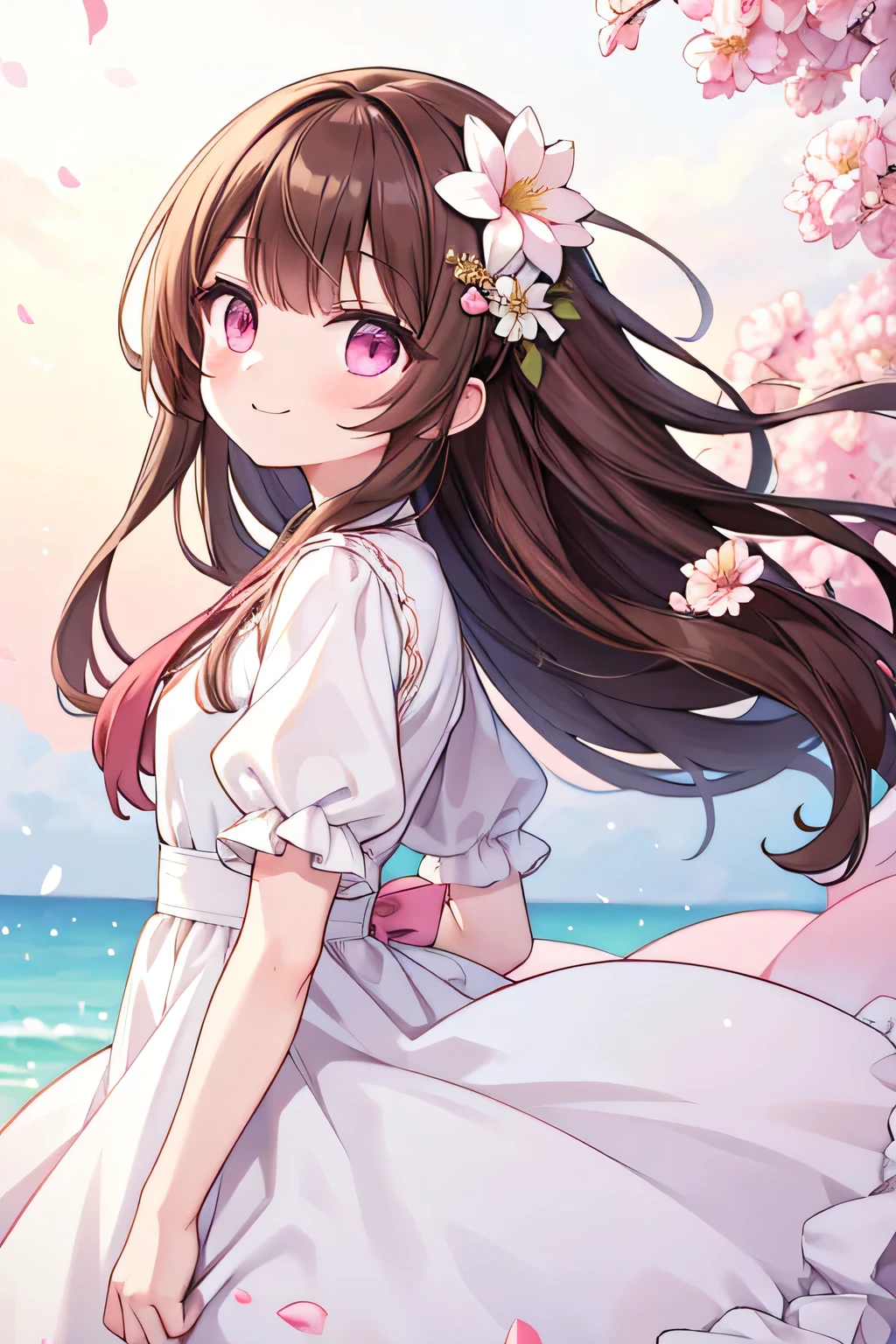 kawaii, anime, Cute, hyper quality, highly detailed, 8k, Clarity, dark brown long hair, pink bougainvillea, green eyes, droopy pink bougainvillea flower garden, bougainvillea, Ocean View, beach, pink wedding dress, light shines in, pink bougainvillea flowers, pink bougainvillea bouquet, dignity, platinum tiara, pink wedding dress, highlight on eyes, Looking back, Pose with movement, whole body, Uplifting, Inciting point of view, special perspective, dignified expression, smile dignifiedly, close up of face, Draw facial expressions in detail, the dress is fluttering, dignified stance, petals dance,